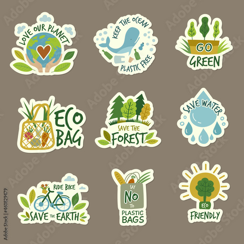 Ecology. Stickers with green planets eco environment friendly ecology save earth recent vector badges collection