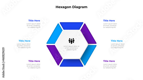 Hexagon is divided into 6 parts. Concept of six options of business project management. Vector illustration for data analysis visualization