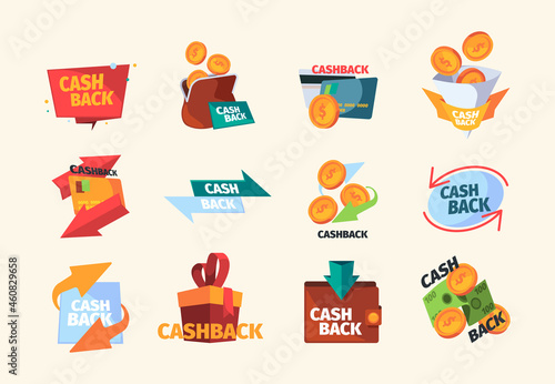 Cash back symbols. Ads business logotypes finance service cash back graphics geometrical templates garish vector promotional pictures collection