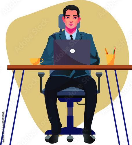 young man sitting in chair and making use of laptop vector illustration