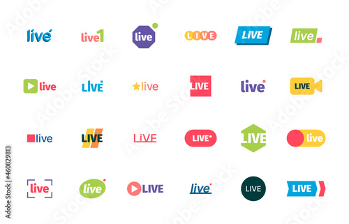 Live stream icons. Broadcasting business red icons air services play symbols living entertainment logo garish vector flat templates