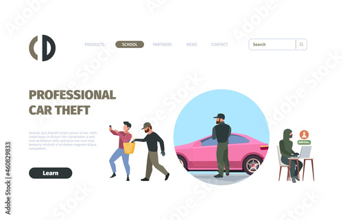Robbery landing page. Victim masked thieves web template layout design garish vector flat picture with place for text