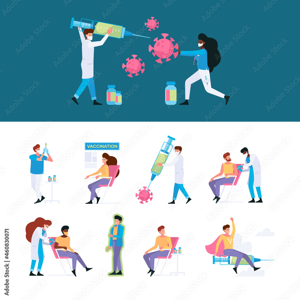 Medical vaccination. Health covid prevention doctor nurse making vaccine garish vector flat characters