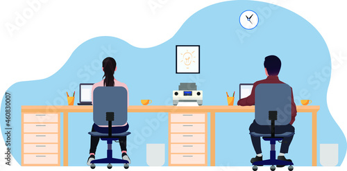 young people man and woman working on laptops at office back view concept vector illustration programming distance learning
