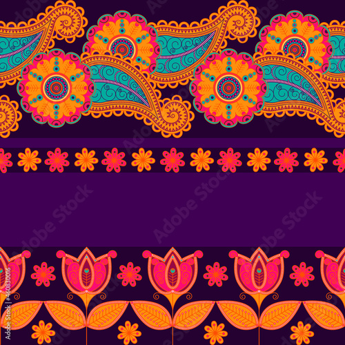 Seamless vector pattern based on traditional oriental element paisley, Indian cucumber, buta. Bright tulips on a purple background. Floral background for textile, fabric, wallpaper, wrapping paper.