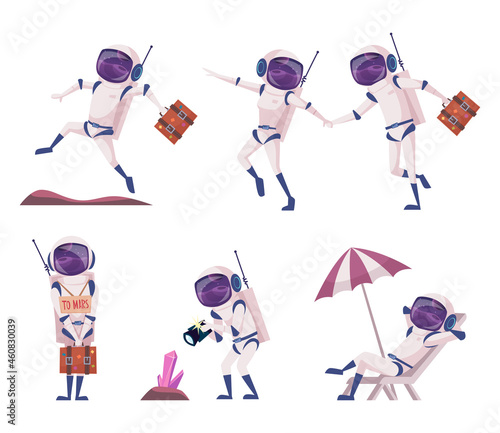 Cosmonauts. Space tourists universe travellers auto stop on rockets futuristic characters exact vector illustrations set