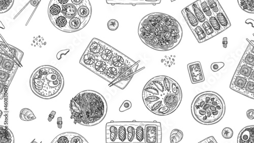 Sketch asian food pattern. Delicious pasta, chinese and japanese cuisine vector seamless texture