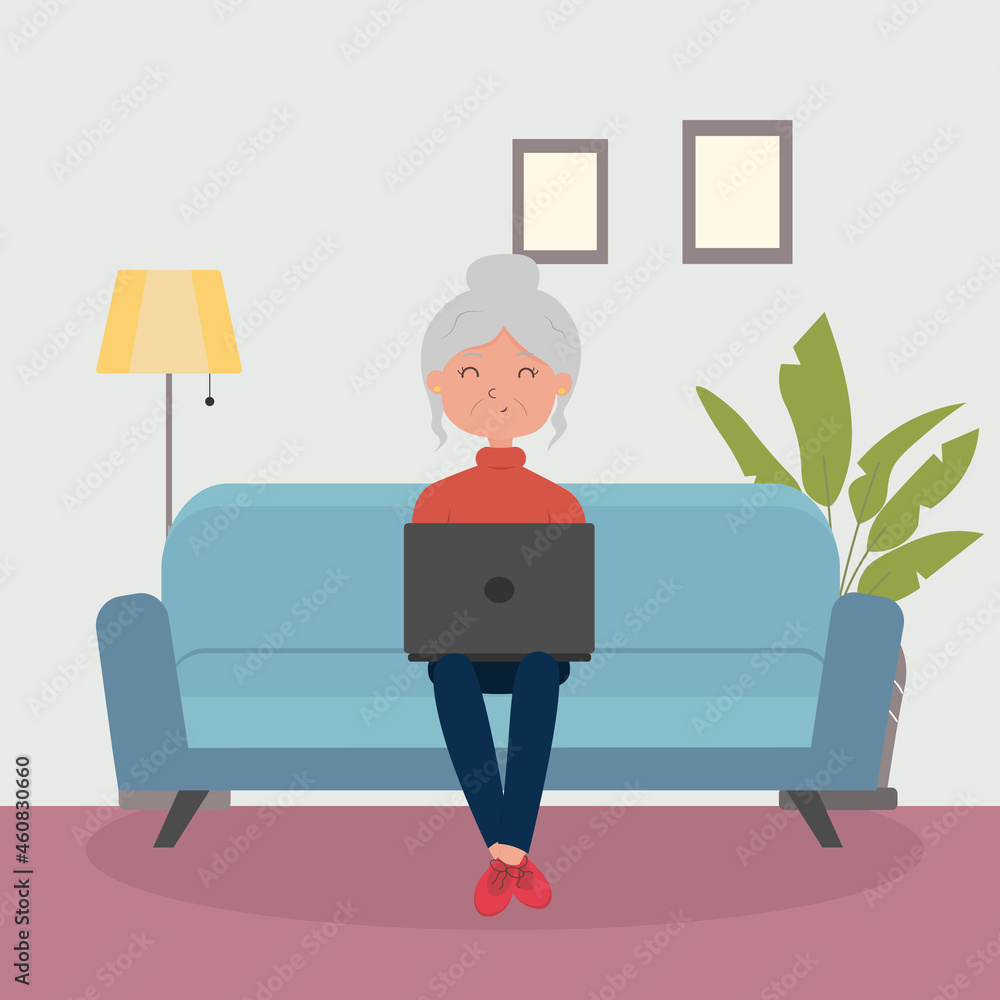 Fototapeta premium Cute cartoon grandmother sitting with a laptop