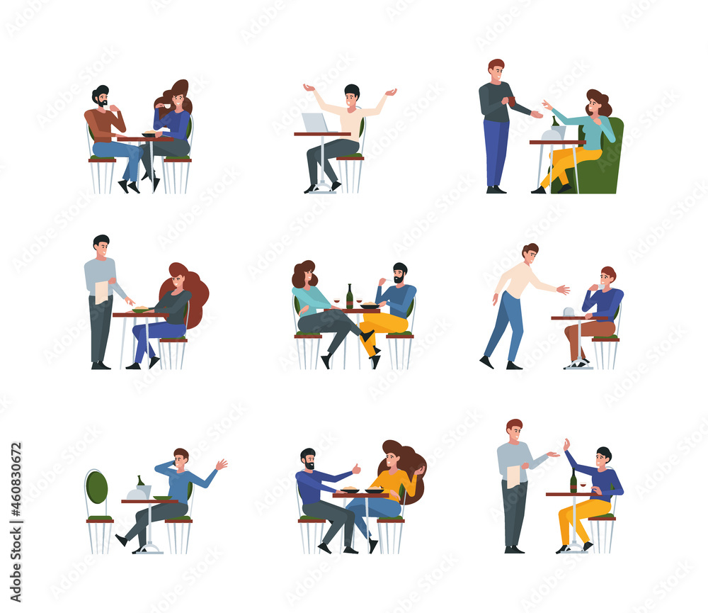 Restaurant talking. People meeting for coffee time drinking hot drinks and talking lunch food relationships friends garish vector flat characters set isolated