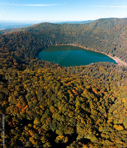 Aerial  drone panorama view of the fall season over Saint Anne (Sfanta Ana) volcanic lake. Forest and water. Harghita, Romania, in autumn photo