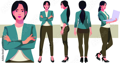 business woman character in different poses set vector illustration indian style