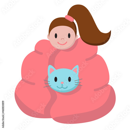 Funny cartoon girl and her cat sitting under the warm blanket at home. Flat style illustration for sticker pack, emoji. Cozy autumn and winter concept. Print for textile, banner, cards, decor. 