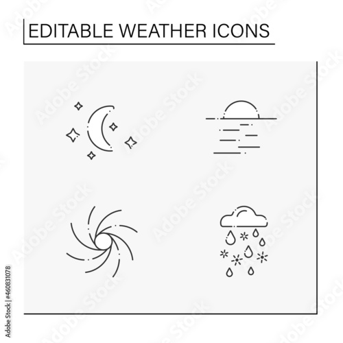 Weather line icons set. Clear night, starry night with moon, hurricane, sleet. Meteorology concept. Isolated vector illustrations. Editable stroke. Vector illustration