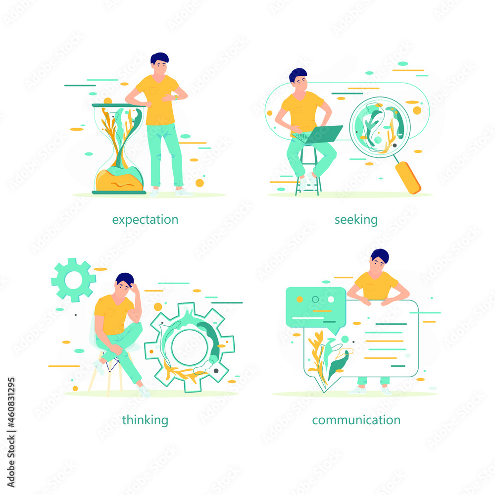 Set Social Media Marketing illustrations.  Collection of scenes with men a taking part in business activities. Trendy vector style. Business Intelligence and Analysis Concept. Flat Vector.