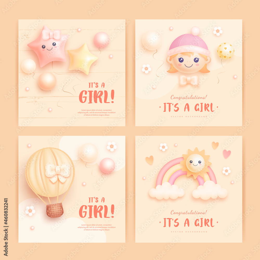 Set of baby shower invitation with cartoon air balloon, rainbow, sun and flowers on beige background. It's a girl. Vector illustration Set of baby shower invitation with cartoon air balloon, rainbow, sun and flowers on beige background. It's a girl. Vector illustration