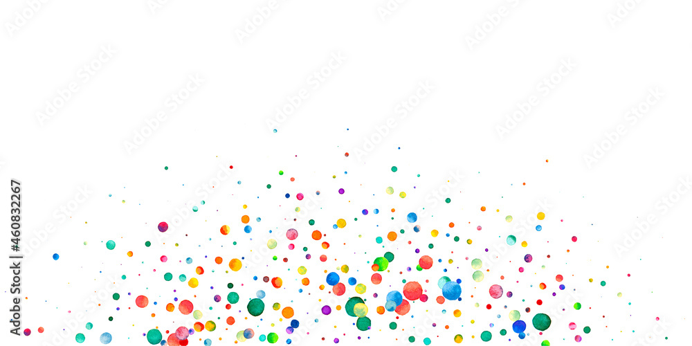 Watercolor confetti on white background. Alive rainbow colored dots. Happy celebration wide colorful bright card. Dramatic hand painted confetti.