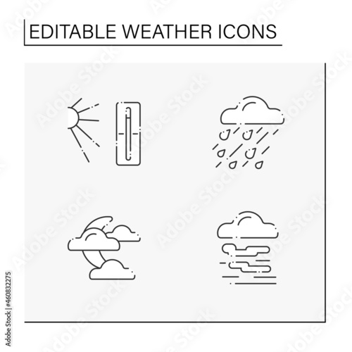 Weather line icons set. Heavy rain, hot temperature, clouds covered moon, fog. Meteorology concept. Isolated vector illustrations. Editable stroke