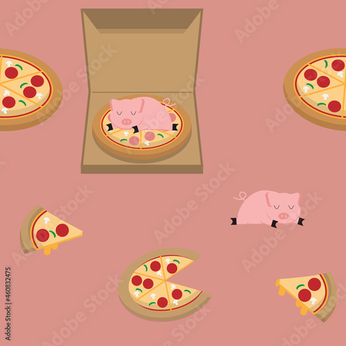 pig sleeping on the pizza in cute cartoon   fabric seamless pattern