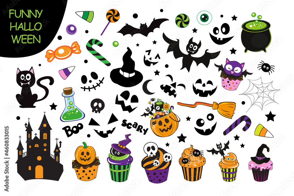 Vector illustration set with Halloween elements of pumpkin, funny faces, black cat, bat, cupcake on white background isolated Vector illustration set with Halloween elements of pumpkin, funny faces, black cat, bat, cupcake on white background isolated