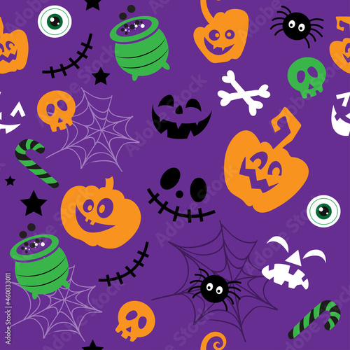 Halloween elements. Pumpkin, funny faces, spider, skeleton and cobweb seamless pattern. Vector illustration isolated