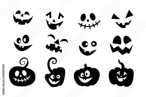 Set of funny faces to decorate pumpkins for Halloween. Vector illustration. Black and white silhouettes