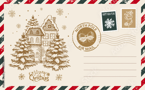 Christmas mail, postcard, hand drawn illustration.	