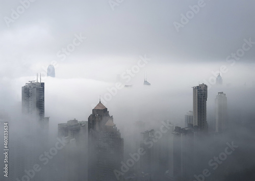 Canvas Print Skyscraper in downtown of Hong Kong city in fog