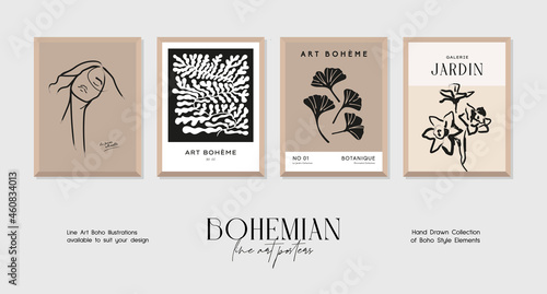 Bohemian style art print poster collection. Woman silhouettes, groovy flowers, botanical vector illustrations
