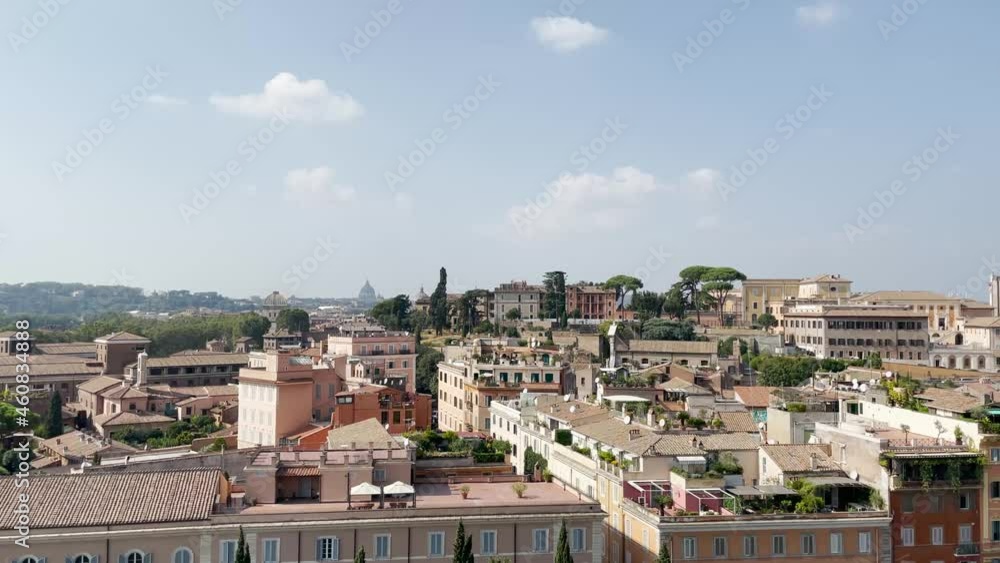 View of old buildings and architecture and the skyline of Rome in Italy. Cityscape and popular travel destination. Footage made on a beautiful sunny day in September, 2021.