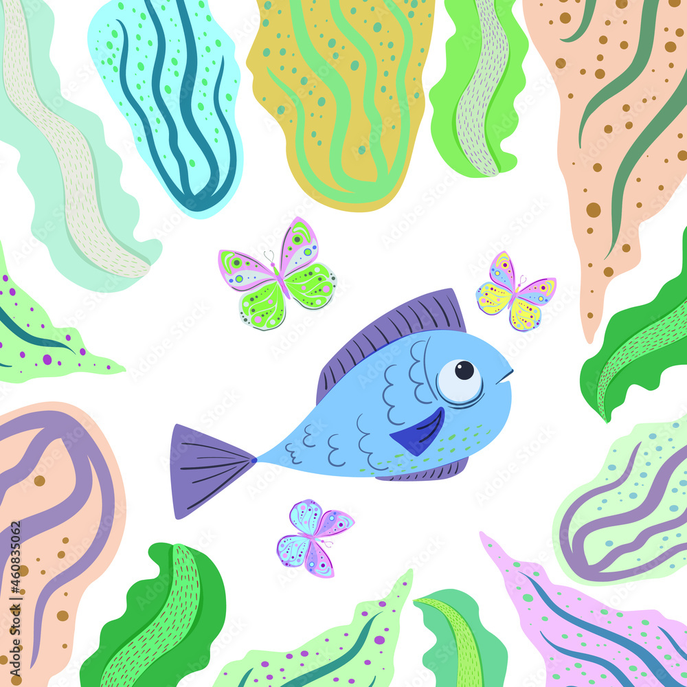 Vector illustration. Blue small fish surrounded by algae 
looks at butterflies