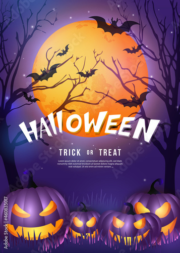 Happy halloween scary jack lantern with purple tone full moon night background