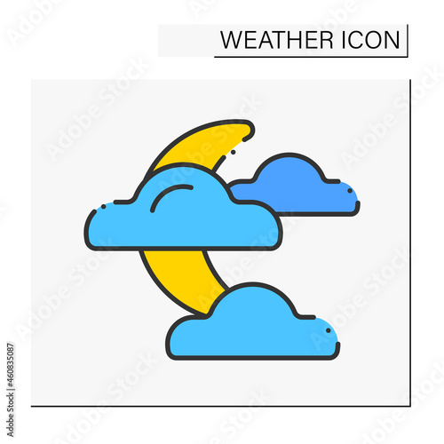 Night color icon. Moon covered by clouds. Poor visibility. Partly cloudy.Weather concept. Isolated vector illustration