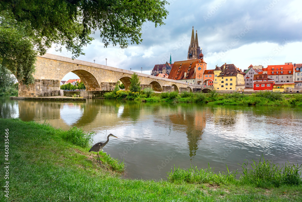 Panorama of Stone Bridge, Cathedral and Old Town of Regensburg, eastern Bavaria, Germany