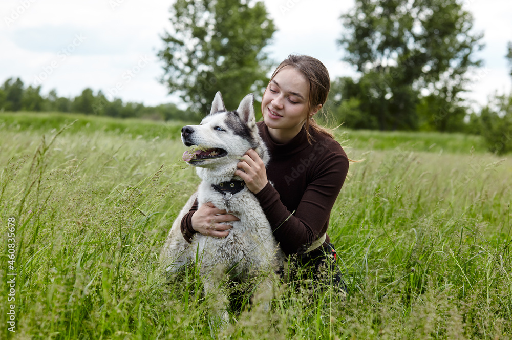 Owner girl playing with her siberian husky at field. Happy smiling woman with dog have a good time on weekend activity outdoors