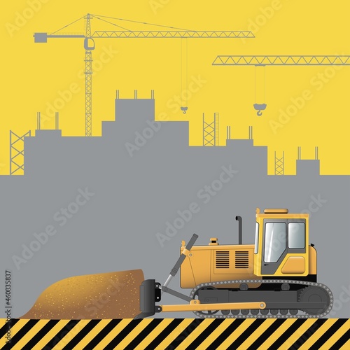 Bulldozer. Construction machinery on the background of a building under construction. Flat vector illustration.