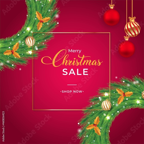 Christmas sale banner design with red color decorative balls and typography. Christmas sale flyer design with star-shaped lights and wreaths. Christmas background design with color calligraphy.