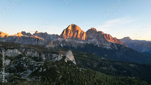 Mountains in illuminated at sunrise. Italian Dolomites, Tofana di Rozes