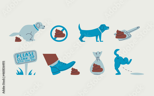 Big set of elements for design of the rules for walking dogs in park or neighborhood. Call to pick up your dog or pet. Cartoon blue and brown illustration.