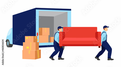 Movers carry a sofa. Boxes with things and truck are standing nearby. Relocation. Transport company. Moving service. Cartoon vector illustration in flat style.