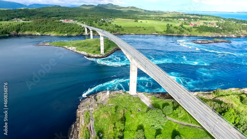 Bridge in Norway over the big blue river, truck, blue sky