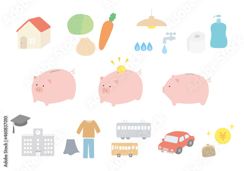 豚の貯金箱と家計簿の項目イラストいろいろ（家賃など）