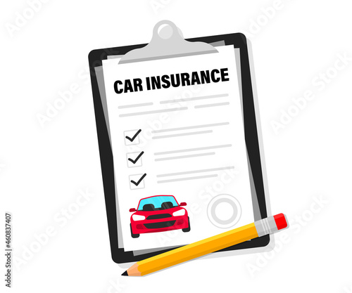 Car insurance. Insurance policy. Protecting car with insurance. Document for obtaining insurance payment and car protection. Car insurance service, protection property. Shield with check mark
