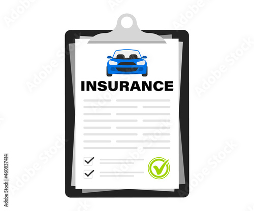Car insurance. Insurance policy. Protecting car with insurance. Document for obtaining insurance payment and car protection. Car insurance service, protection property. Shield with check mark