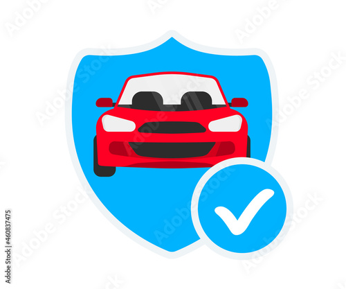 Car with shield. Car insurance. Insurance policy. Auto safetyconcept. Car insurance service, protection property. Shield with check mark. Protecting car with insurance