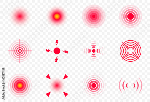Red pain circles. Circles for marking human pain. Head toothache muscular menstrual joint pain, hurt body part marker. Painful target spot mark vector set. Targeting medication medical information
