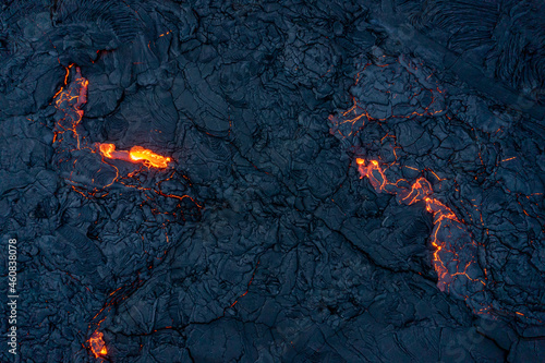 Patterns of lava from an active volcano eruption. Mount Fagradalsfjall, Iceland