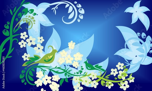 blue gradient background with birds and floral motifs