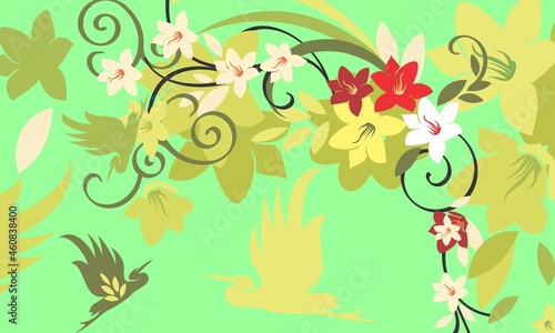 light green background with flowers and birds