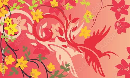 peach color background with flowers and birds