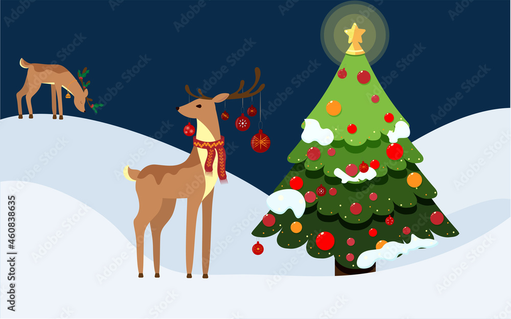 Beautiful and cute two Christmas stylized deer. Cartoon fairy deer. Beautifully decorated Christmas tree.